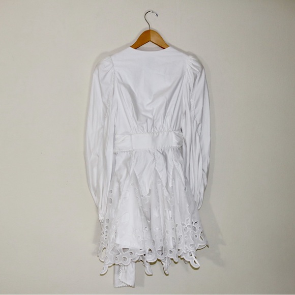 Acler Vicount V-neck Lace Eyelet-trim Puff-sleeve Tie-waist Mini Dress in White - Picture 5 of 16